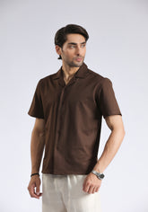 Cuban Collar Brown Textured Shirt